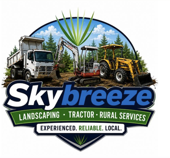 Skybreeze machinery badge featuring a tip truck, excavator and tractor